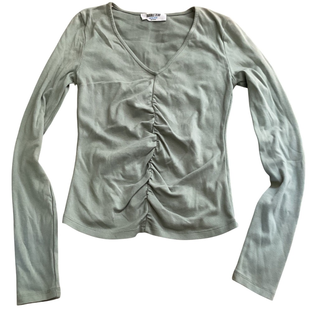 Double Zero Sage Green Ruched V-Neck Long Sleeve Top DZ23G154 Medium